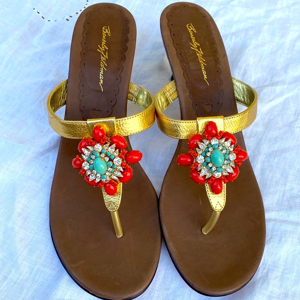 Beverly Feldman jeweled sandals heels gold turquoise size 11